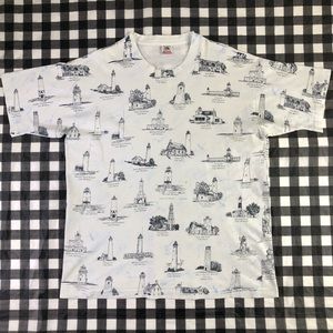 Lighthouse Bird Art All Over Print Distressed Vintage 90s Single Stitch T Shirt